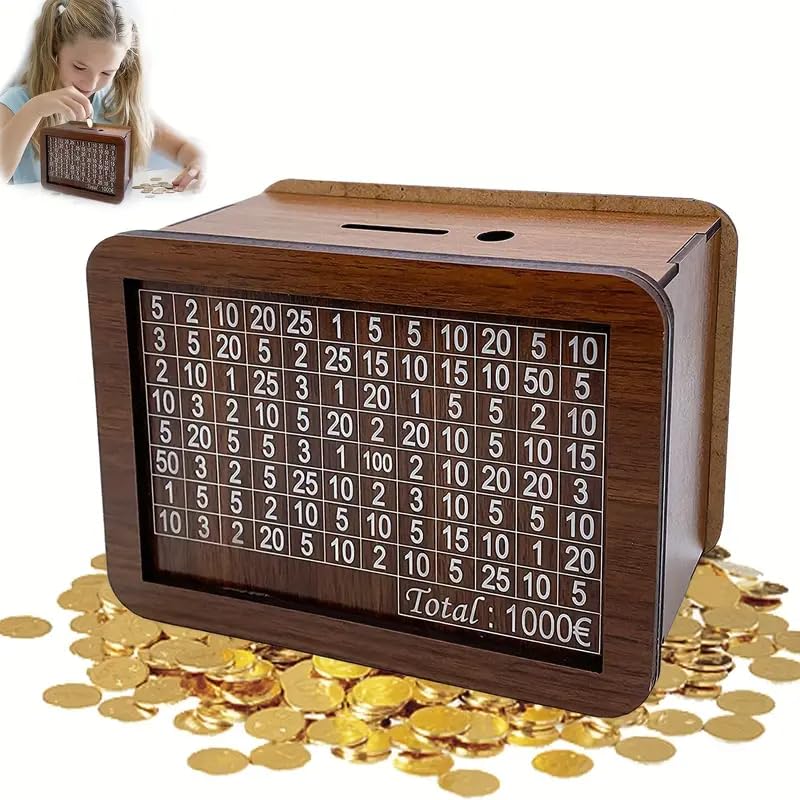 Wooden Challenge Box, Cashbox, Savings Box, Coin Piggy Bank, Money Saver