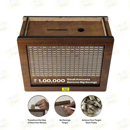 Wooden Challenge Box, Cashbox, Savings Box, Coin Piggy Bank, Money Saver